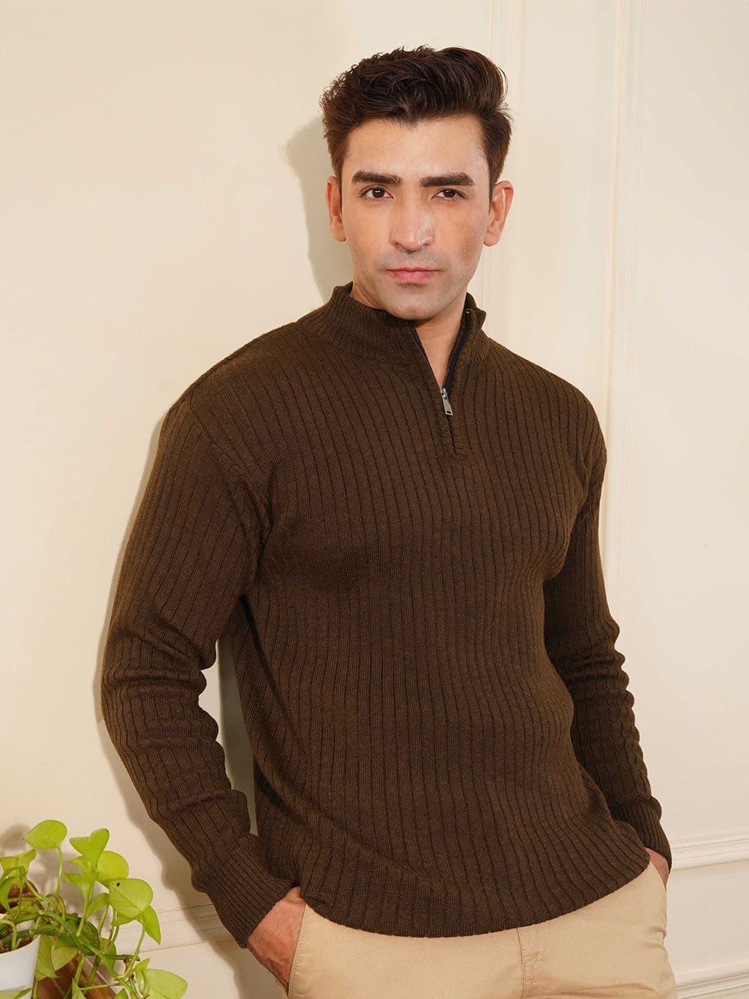 KVETOO Men Ribbed High Neck Zipper Pullover - view 1