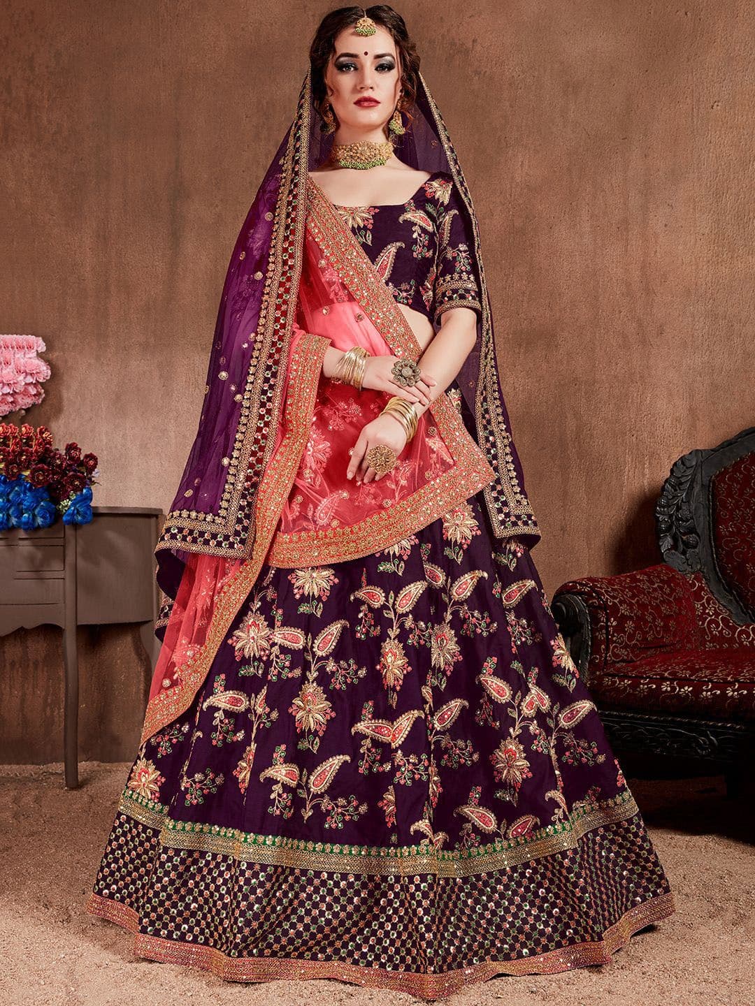 ETHNIC PLUS Purple Embroidered Sequinned Silk Semi-Stitched Lehenga & Blouse With Dupatta - view 1