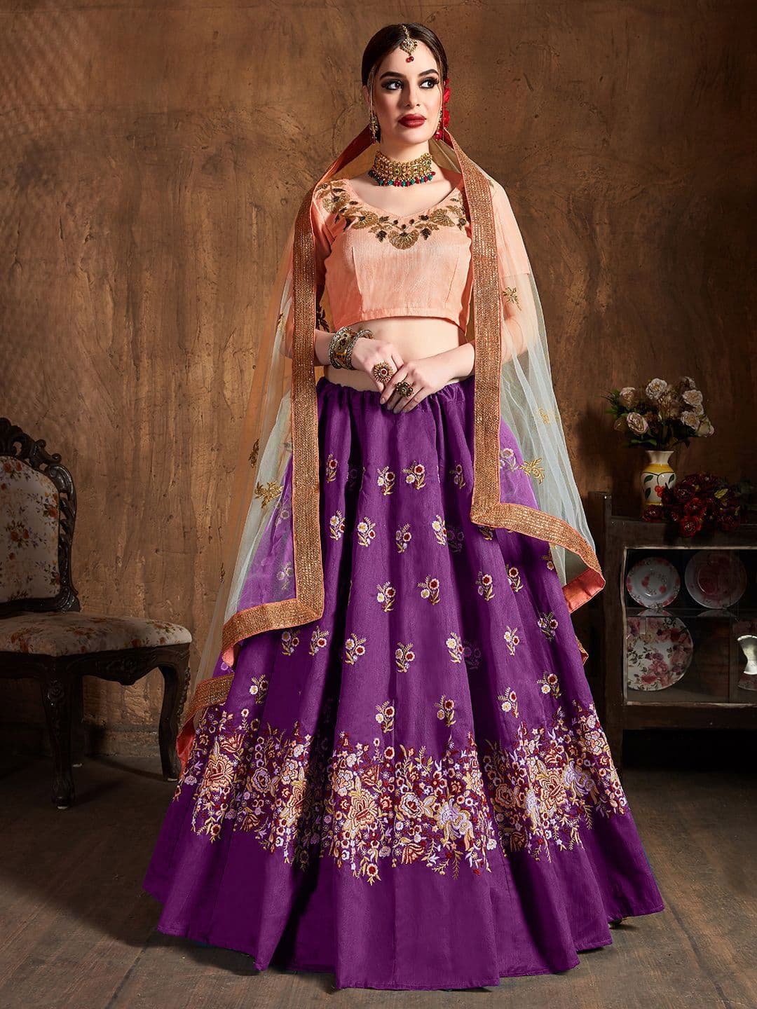 ETHNIC PLUS Purple Embroidered Sequinned Net Semi-Stitched Silk Lehenga & Blouse With Dupatta - view 1