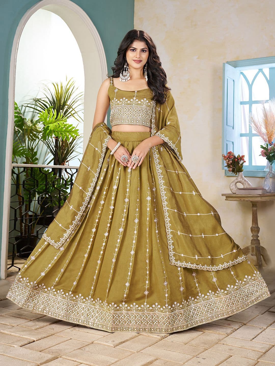 SHOPGARB Embroidered Thread Work Semi-Stitched Lehenga & Unstitched Blouse With Dupatta - view 1