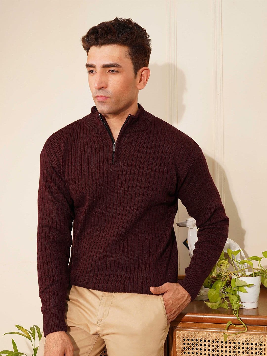 KVETOO Men Ribbed High Neck Half Zipper Sweater - view 1