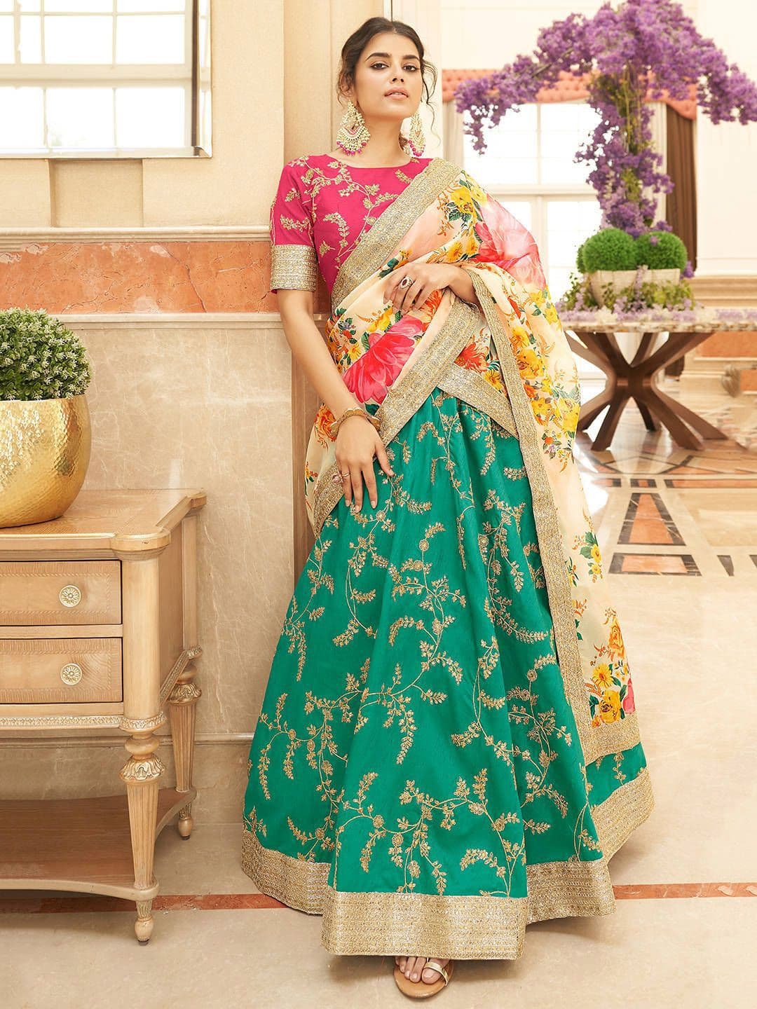 ETHNIC PLUS Sequinned Embroidered Silk Lehenga Choli With Dupatta - view 1