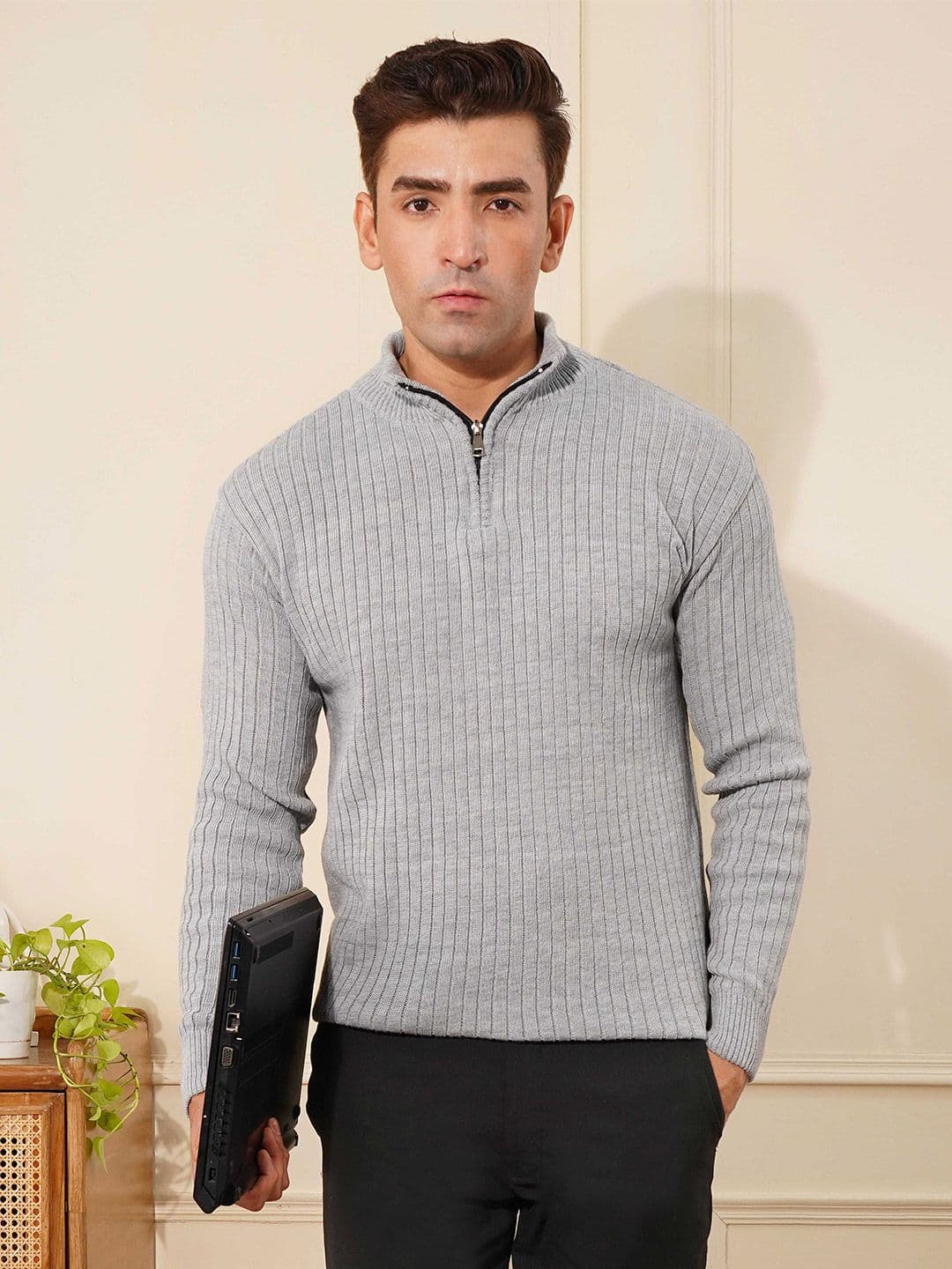 Kvetoo Wool Men Ribbed High Neck Half Zipper Pullover - view 1