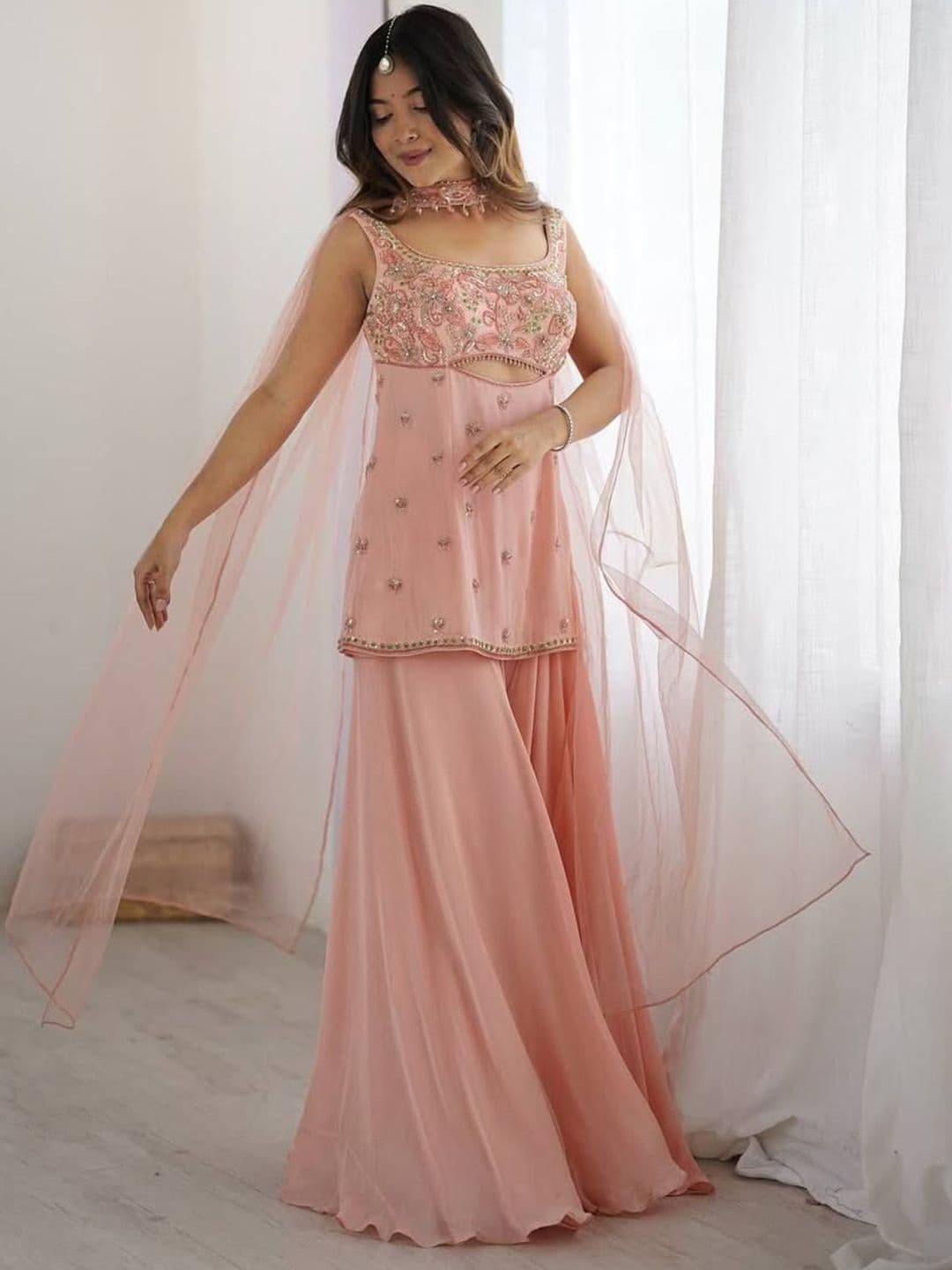 MARQUISA Floral Embroidered Beads & Stones Georgette Kurta With Palazzos & Dupatta - view 1