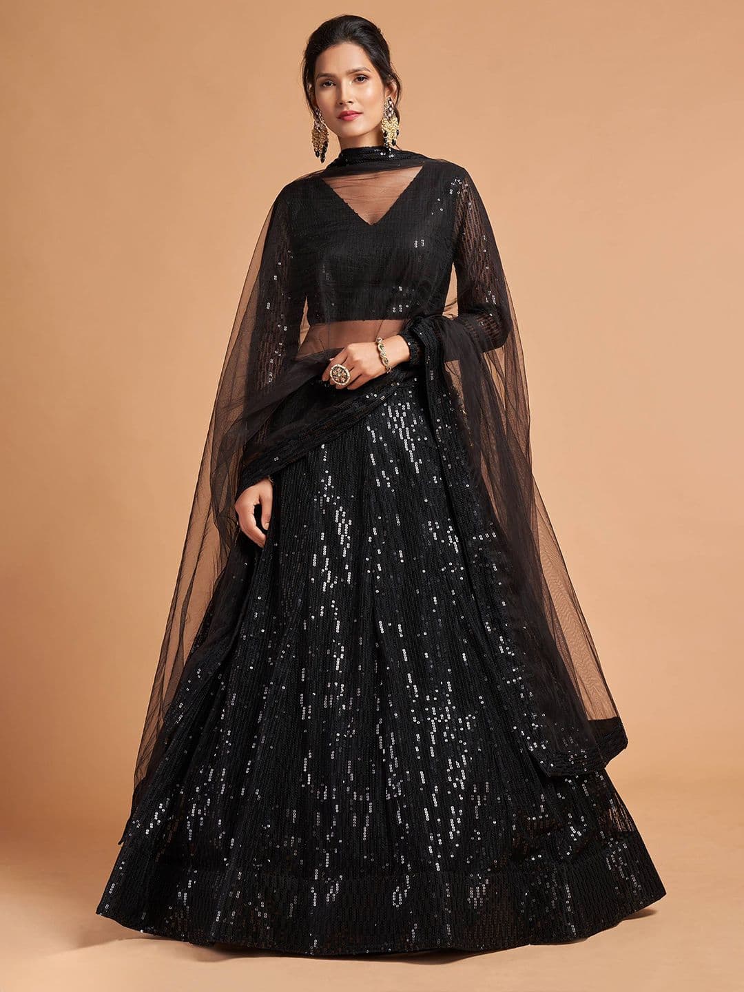 ETHNIC PLUS Embroidered Sequinned Semi-Stitched Lehenga With Unstitched Blouse And Dupatta - view 1