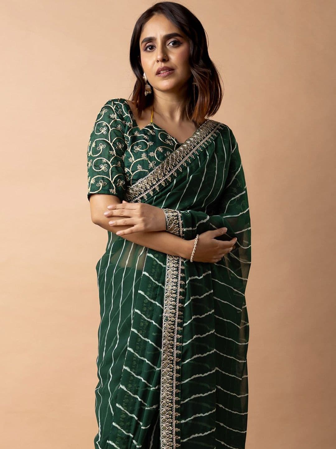 KALINI Leheriya Printed Saree With Embroidered Border - view 1