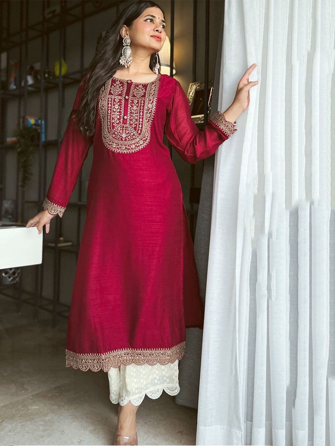 rarethread Women Floral Embroidered Thread Work Raw Silk Kurta - view 1