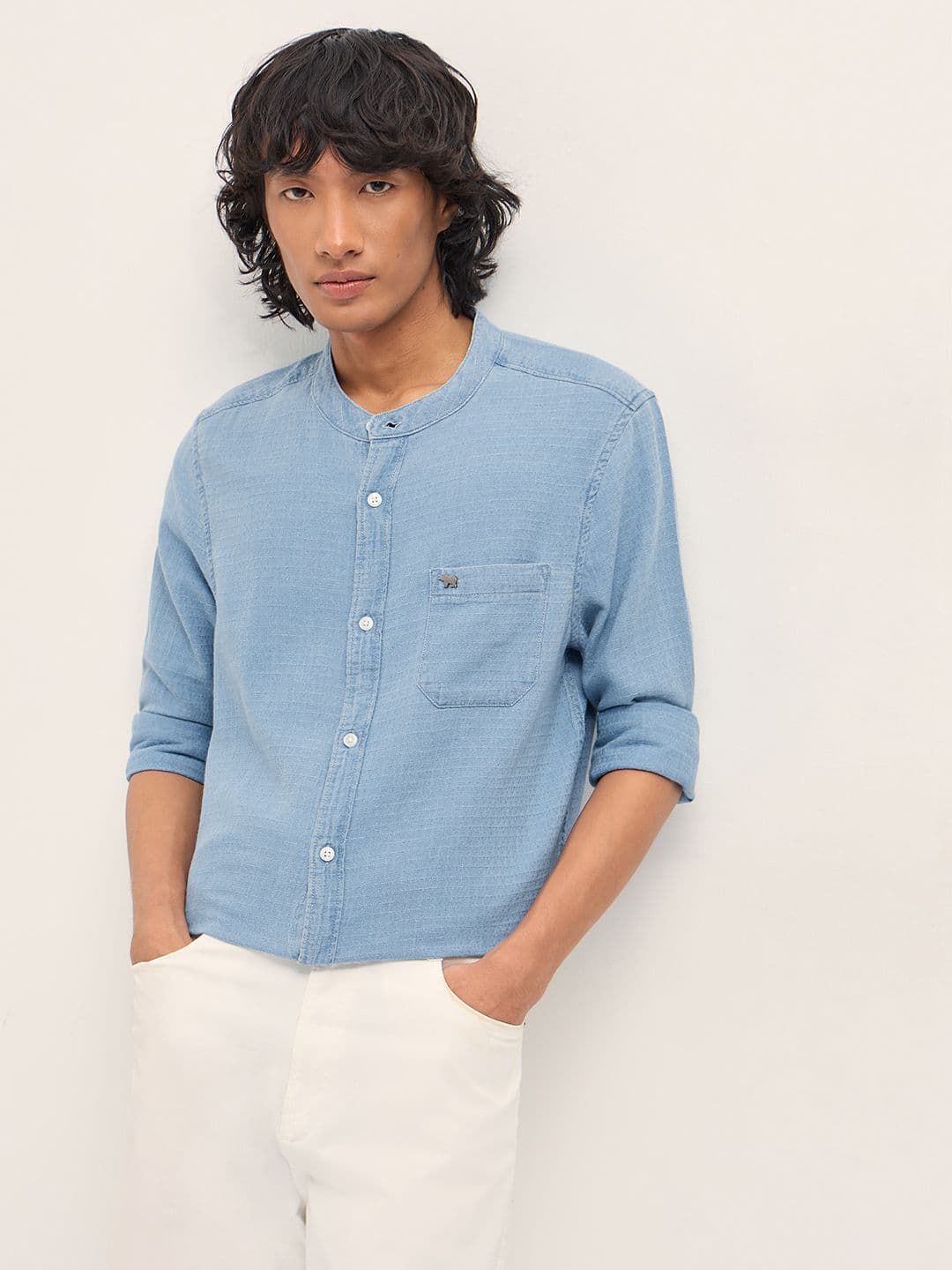 THE BEAR HOUSE Slim Fit Self Design Pure Cotton Mandarin Collar Casual Shirt - view 1