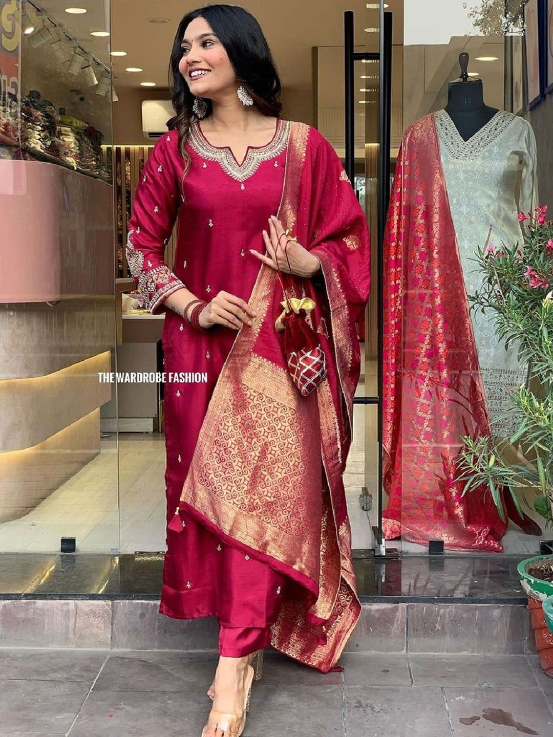 DWIJA FASHION Women Embroidered Straight Kurta with Trouser & Dupatta - view 1
