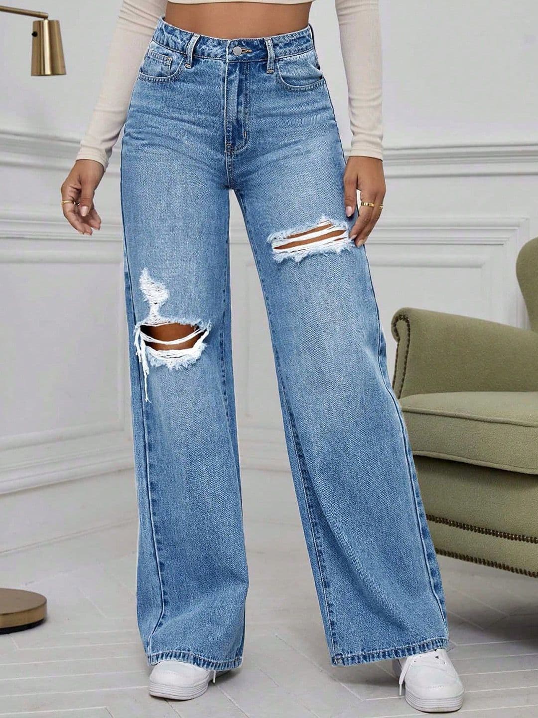 Outzidr Women Baggy Fit Mid-Rise Mildly Distressed Light Fade Jeans - view 1