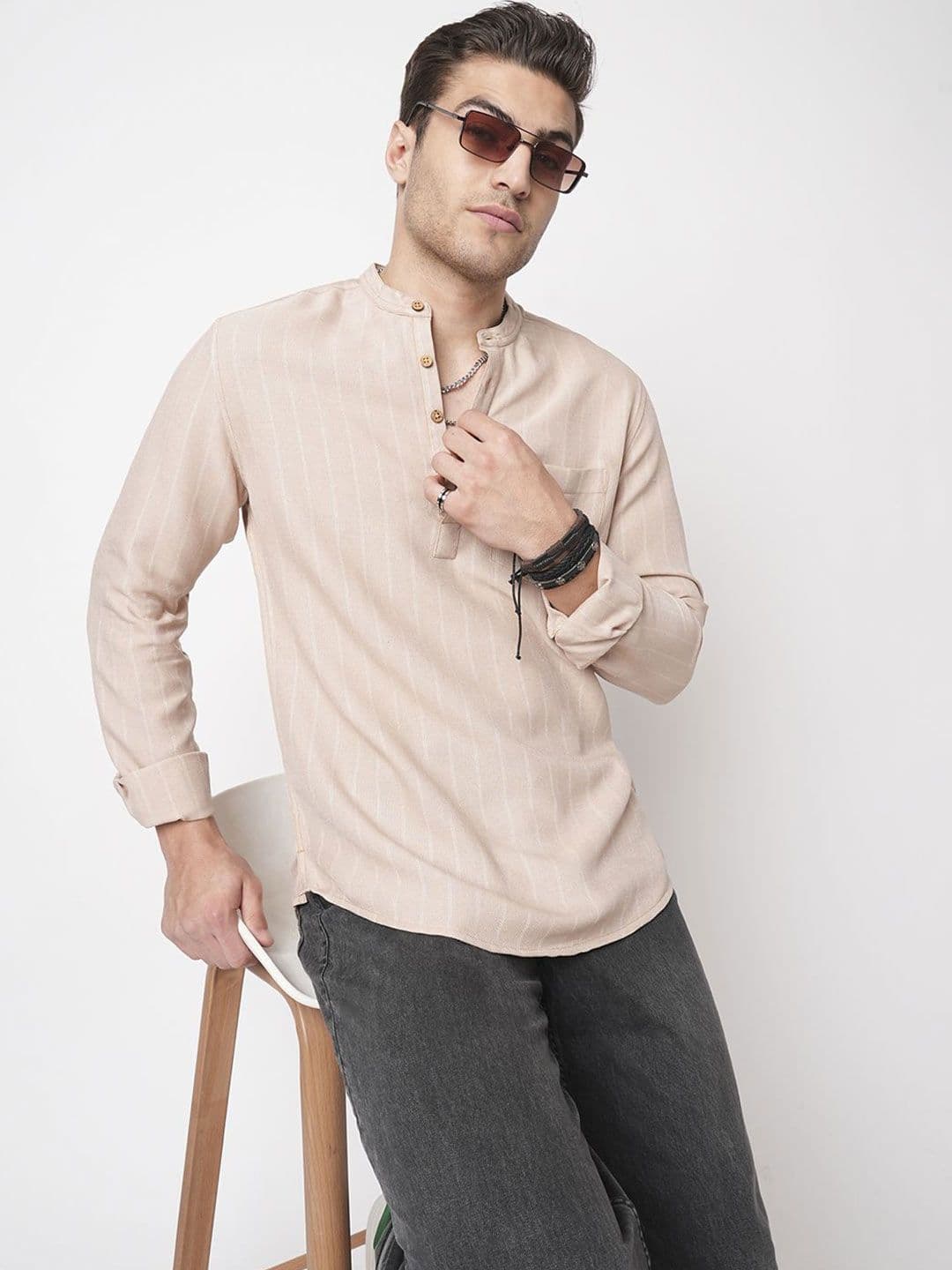 VASTRADO Beige Striped Band Collar Cotton Straight Short Kurta - view 1
