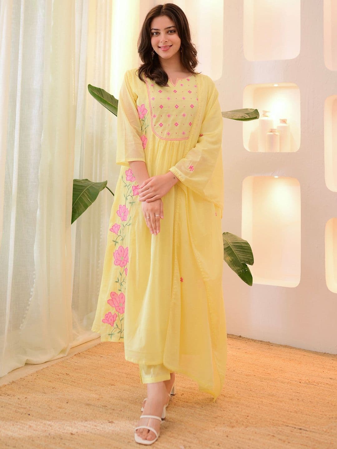 Moda Rapido Women Floral Embroidered A-Line Kurta with Trouser & Dupatta - view 1