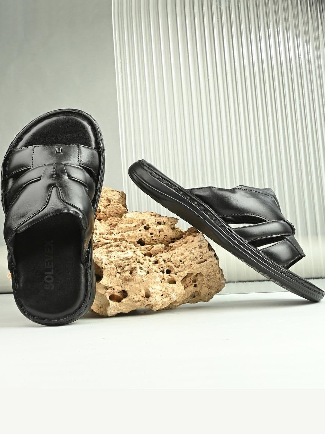 SOLEVEX Men Black PU Slip-On Flip Flops - view 1