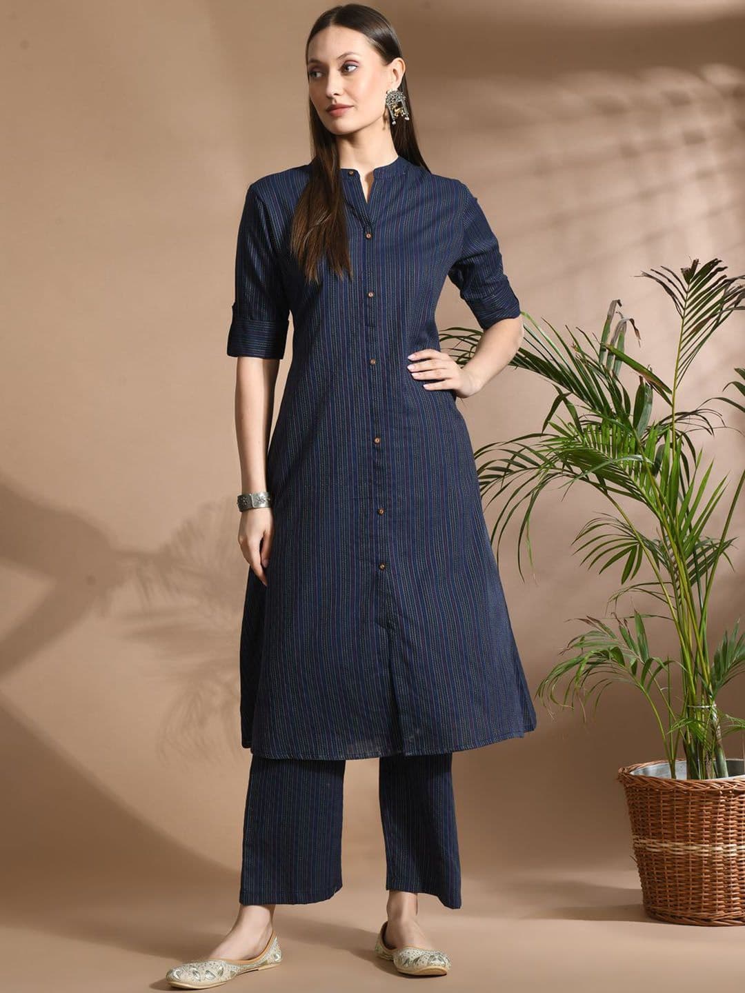 HERE&NOW Striped Regular Pure Cotton Kurta With Trousers - view 1