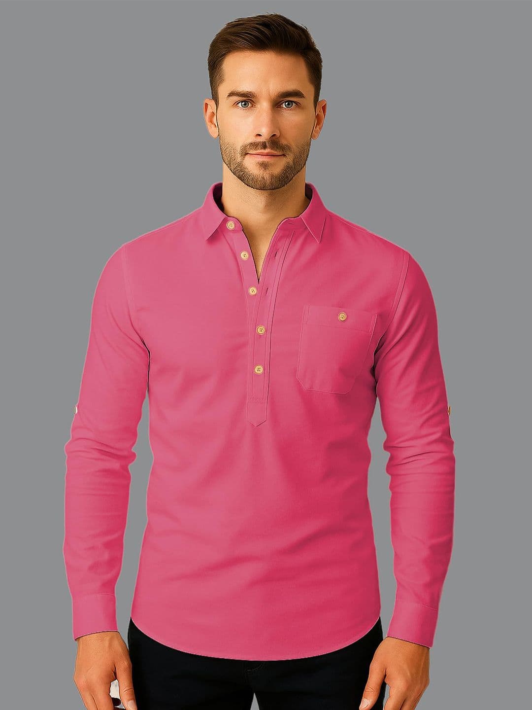 Yugnik Men Solid Shirt Collar Cotton Kurta - view 1