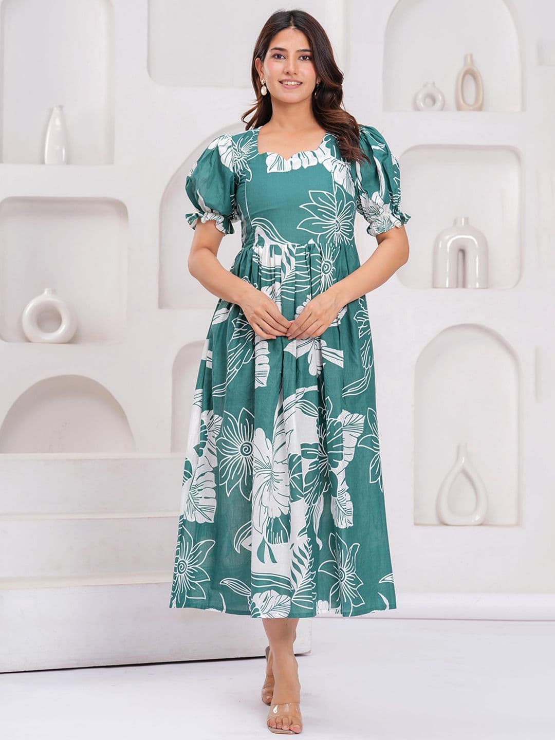 Machla Floral Printed Sweetheart Neck Puff Sleeves Pure Cotton Maternity Ethnic Dress - view 1