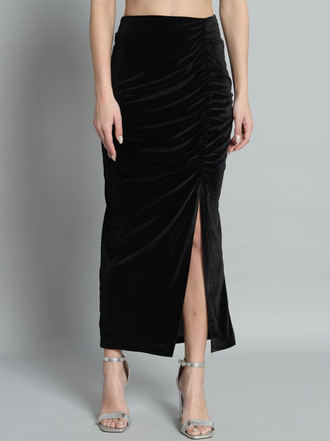 VAARARO Women Pure Velvet Mid-Rise Ruched Straight Maxi Skirt - view 1