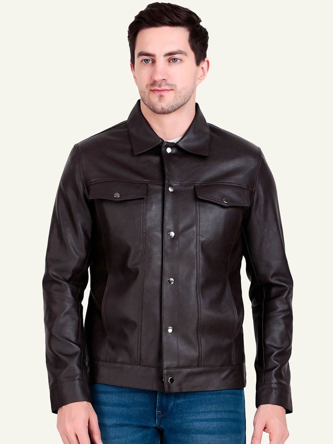 Leather Retail Men Spread Collar Solid Lightweight Leather Jacket - view 1