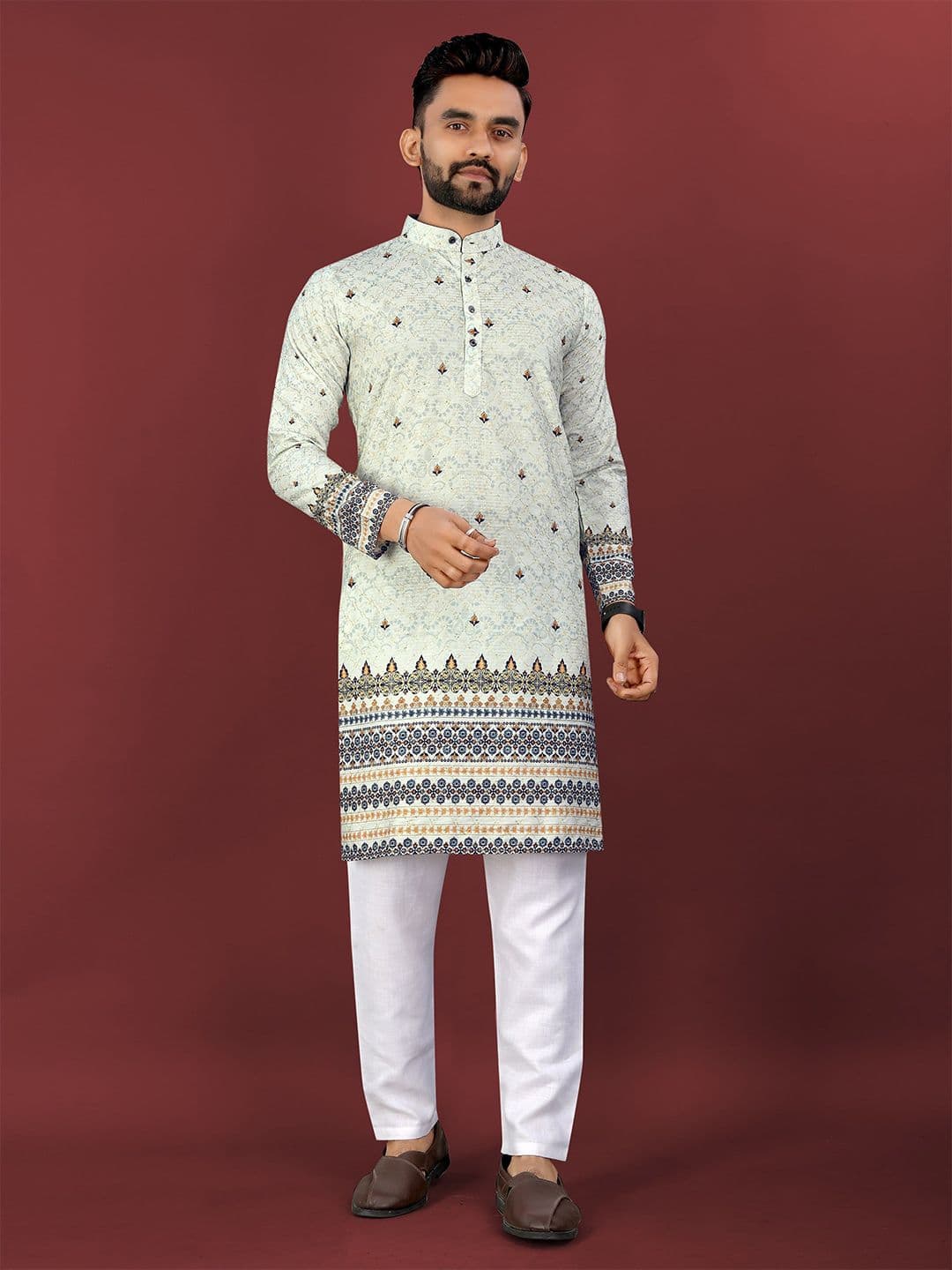 CHARLOTTE GRACIOUS Floral Printed Band Collar Sequinned Straight Kurta - view 1