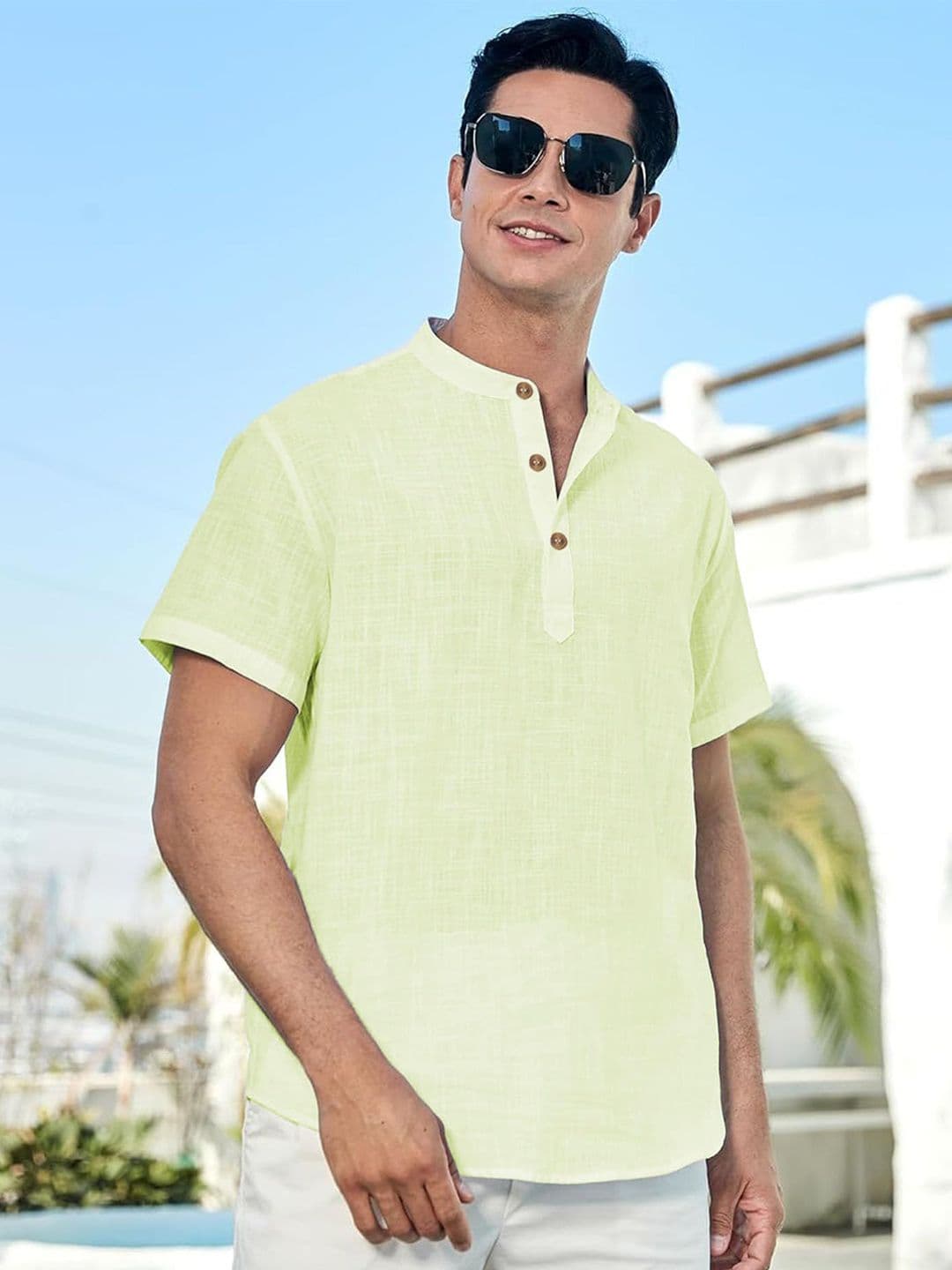Yugnik Men Slim Fit Band Collar Cotton Short Kurta - view 1