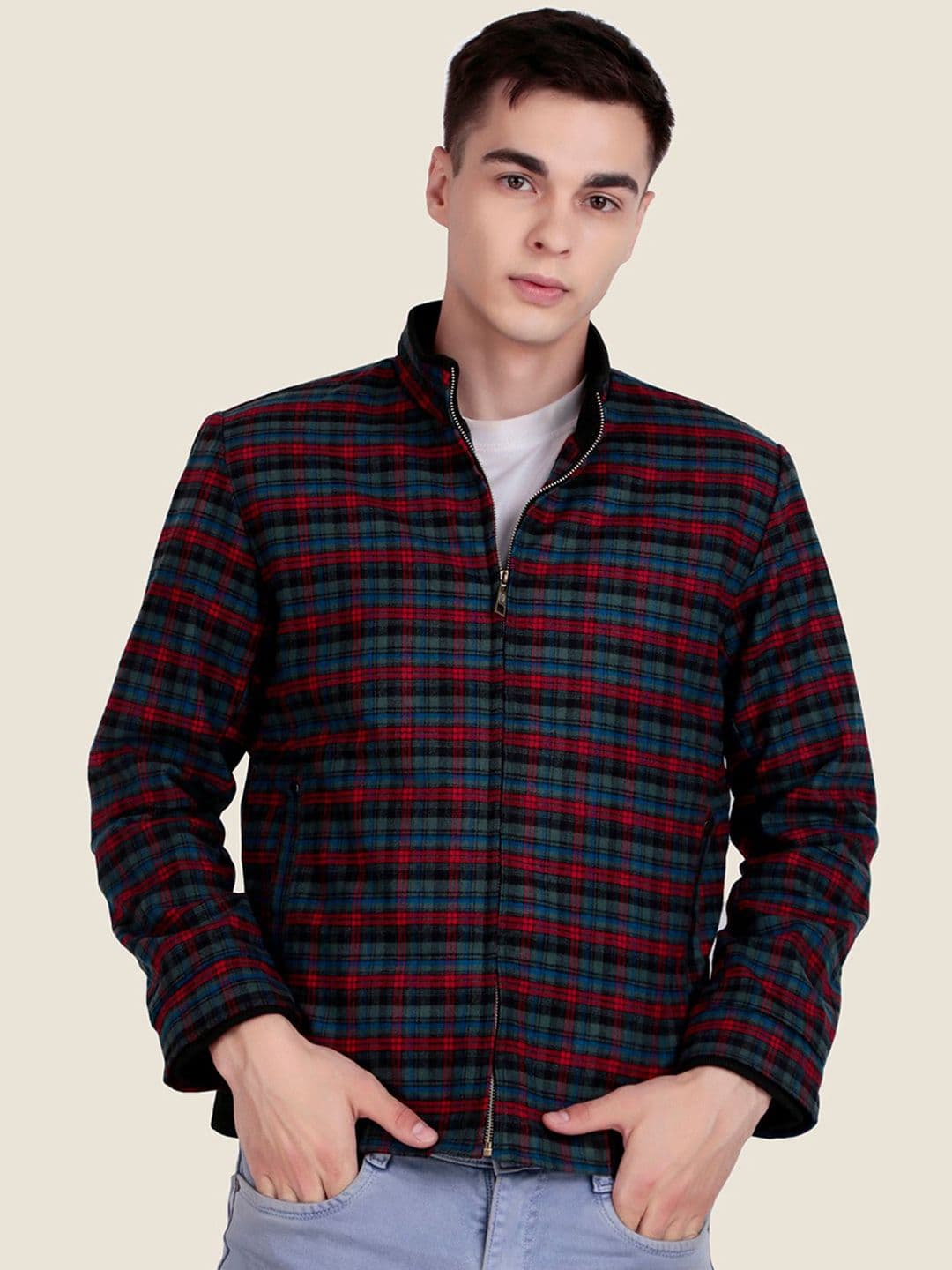 Leather Retail Men Mock Collar Checked Lightweight Woollen Bomber Jacket - view 1