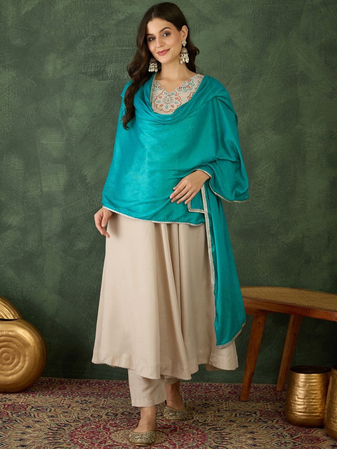 KALINI Floral Embroidered A-Line Thread Work Kurta With Trousers & Dupatta - view 1
