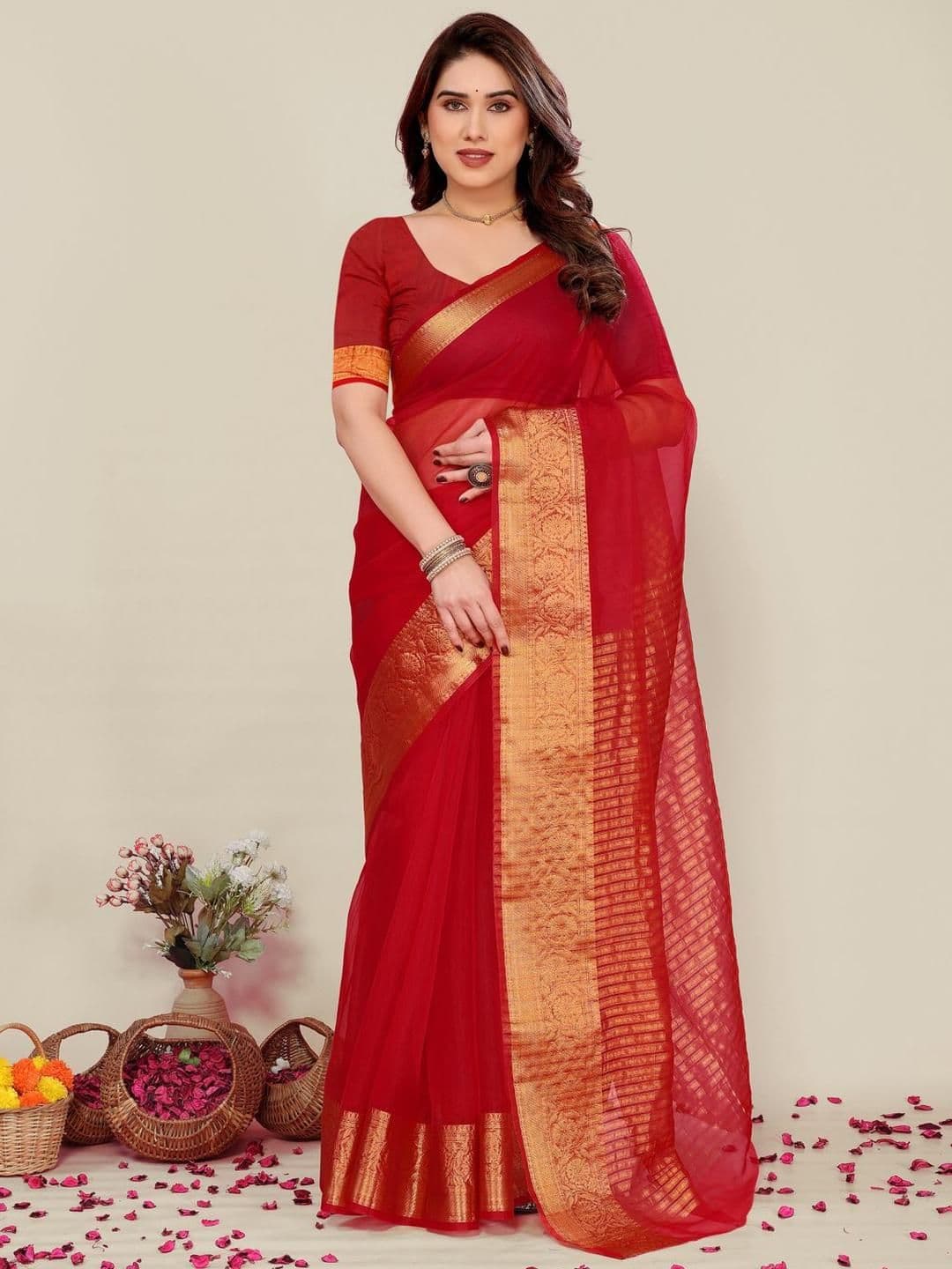 Moda Rapido Organza Saree With Woven Design Border - view 1