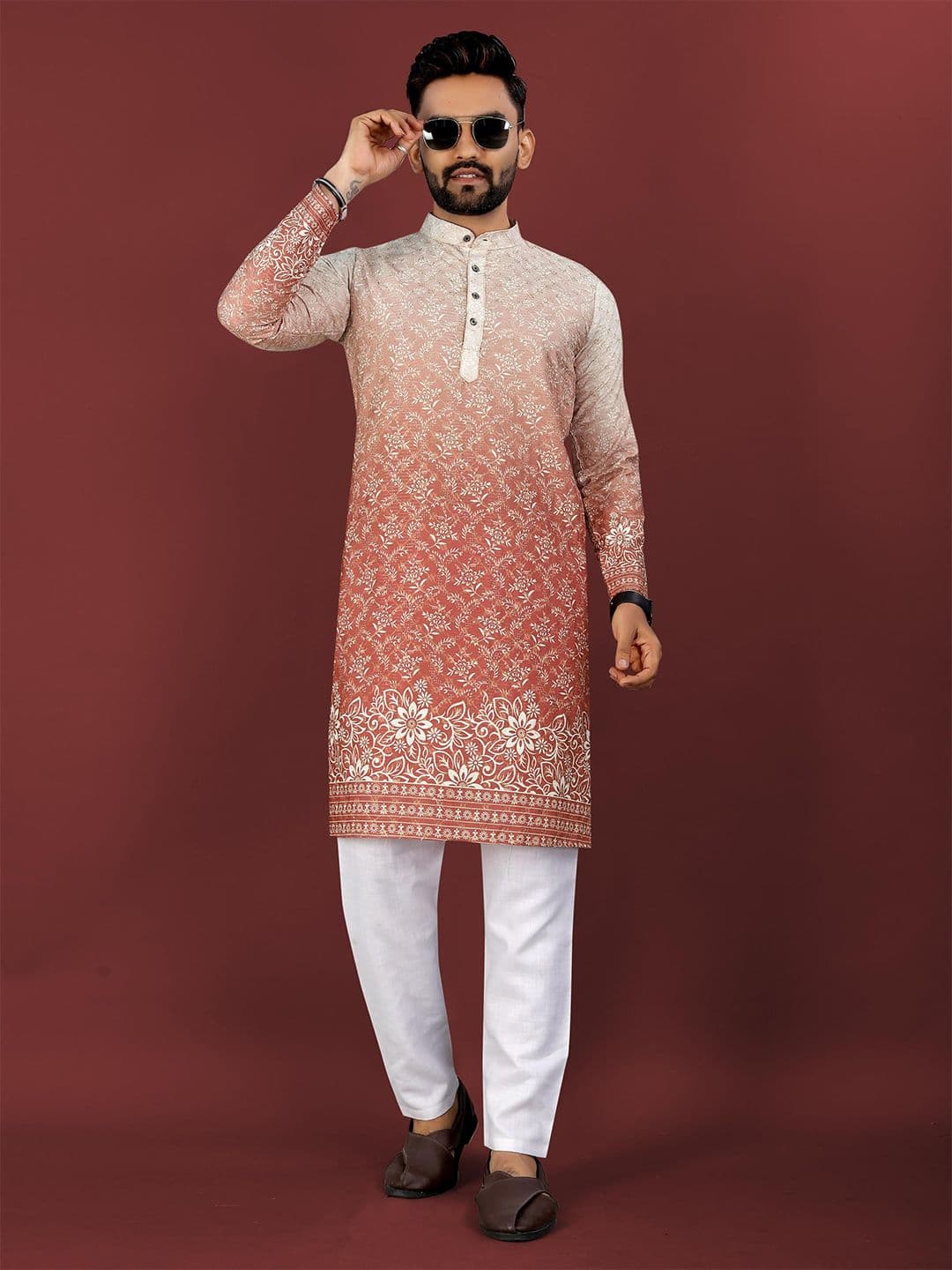 CHARLOTTE GRACIOUS Floral Printed Band Collar Thread Work Straight Kurta - view 1