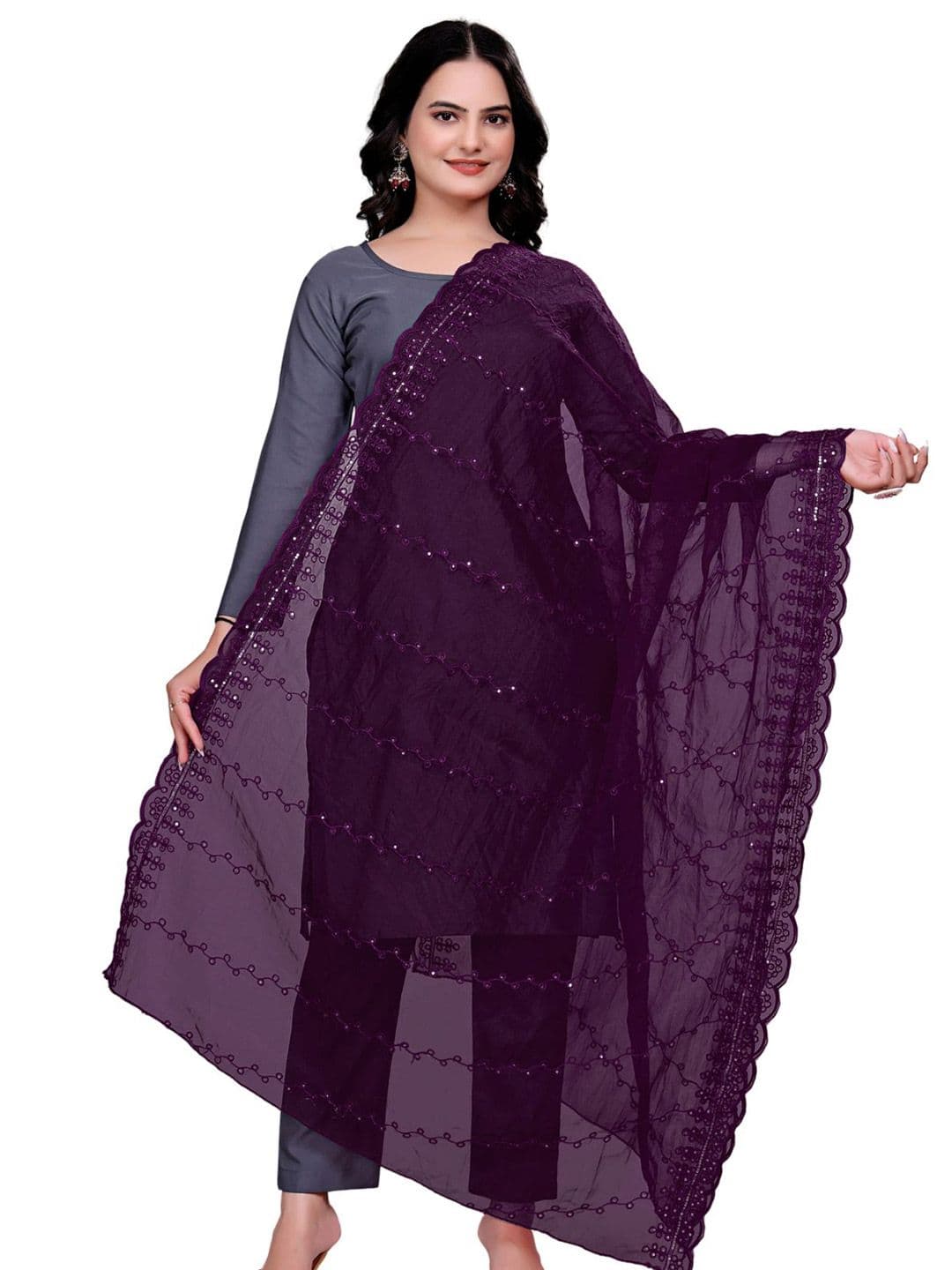 Kemza Floral Embroidered Sequinned Organza Dupatta - view 1