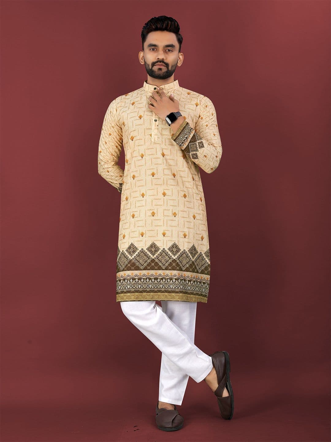 CHARLOTTE GRACIOUS Ethnic Motifs Printed Band Collar Sequinned Straight Kurta - view 1