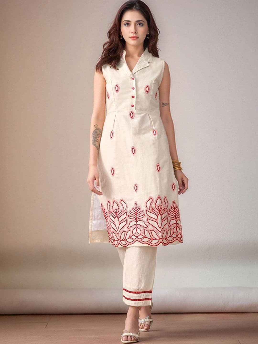 Sangria Women Ethnic Motifs Embroidered Cotton Kurta with Trousers - view 1