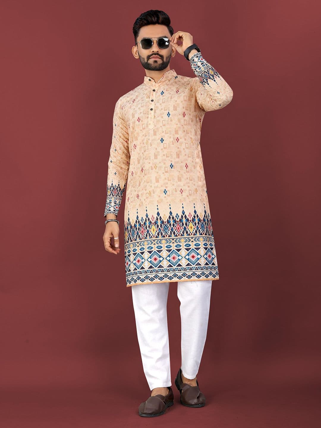 CHARLOTTE GRACIOUS Ethnic Motifs Printed Band Collar Sequinned Straight Kurta - view 1