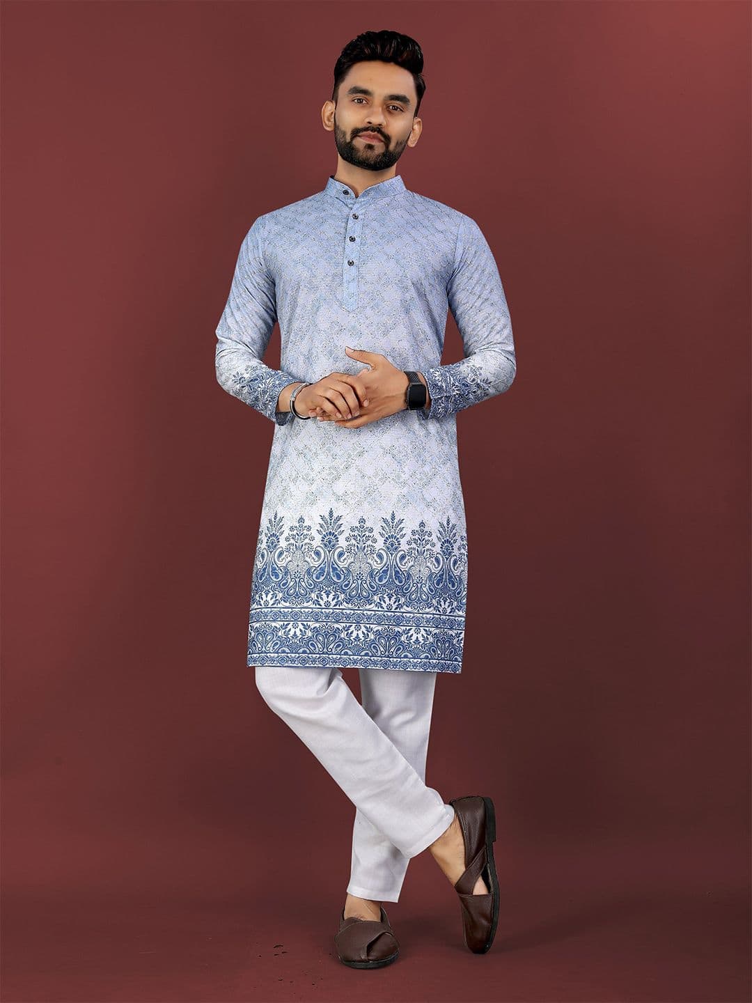 CHARLOTTE GRACIOUS Men Ethnic Motifs Woven Design Band Collar Sequins Kurta - view 1