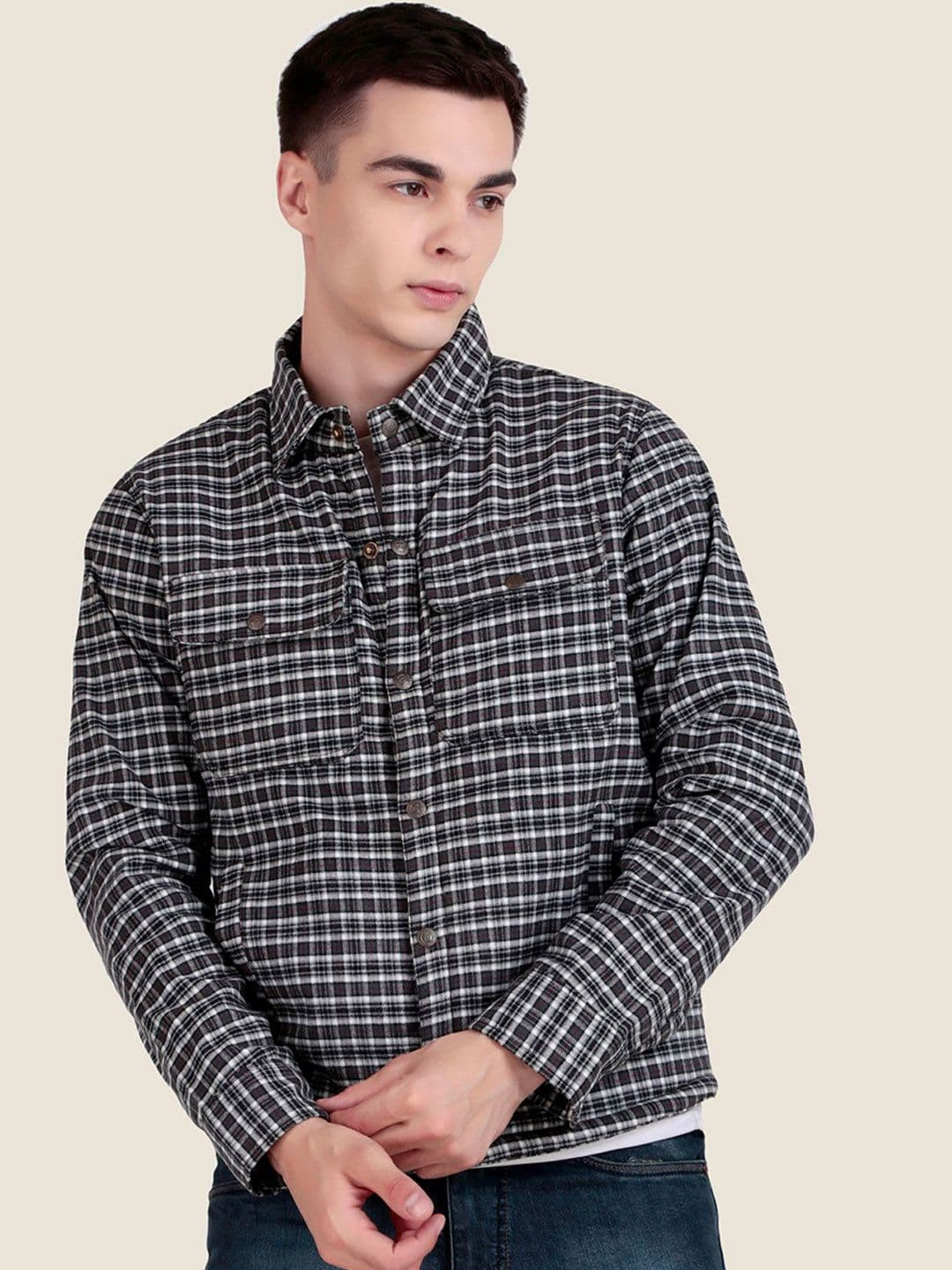 Leather Retail Men Spread Collar Checked Lightweight Woollen Tailored Jacket - view 1