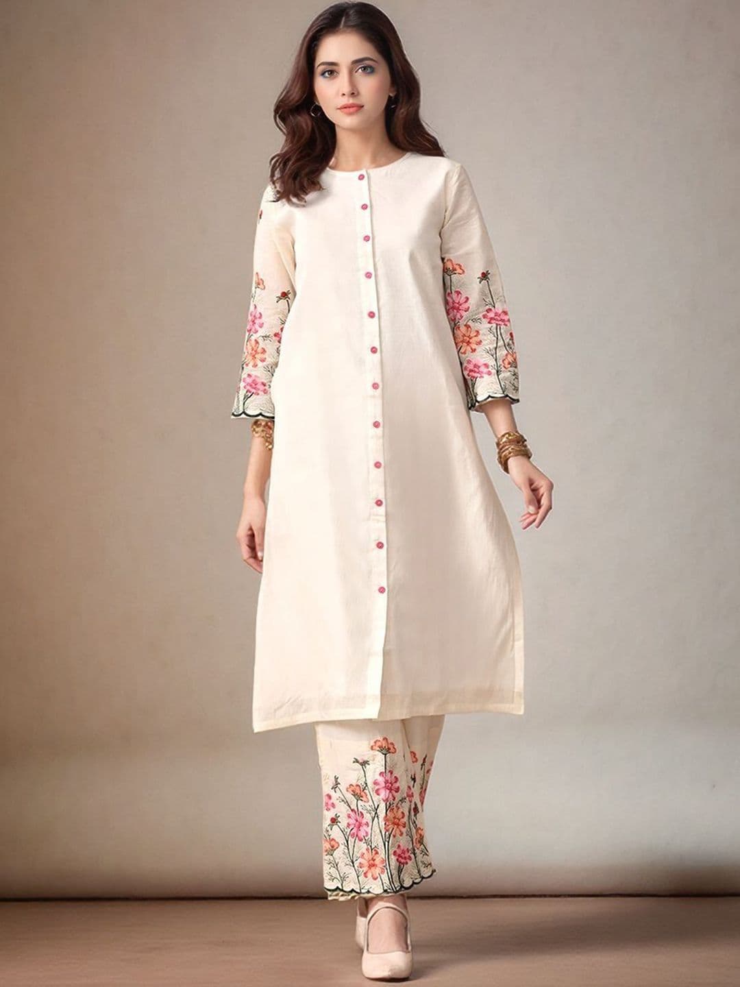 Sangria Women Floral Embroidered Cotton Kurta with Palazzos - view 1
