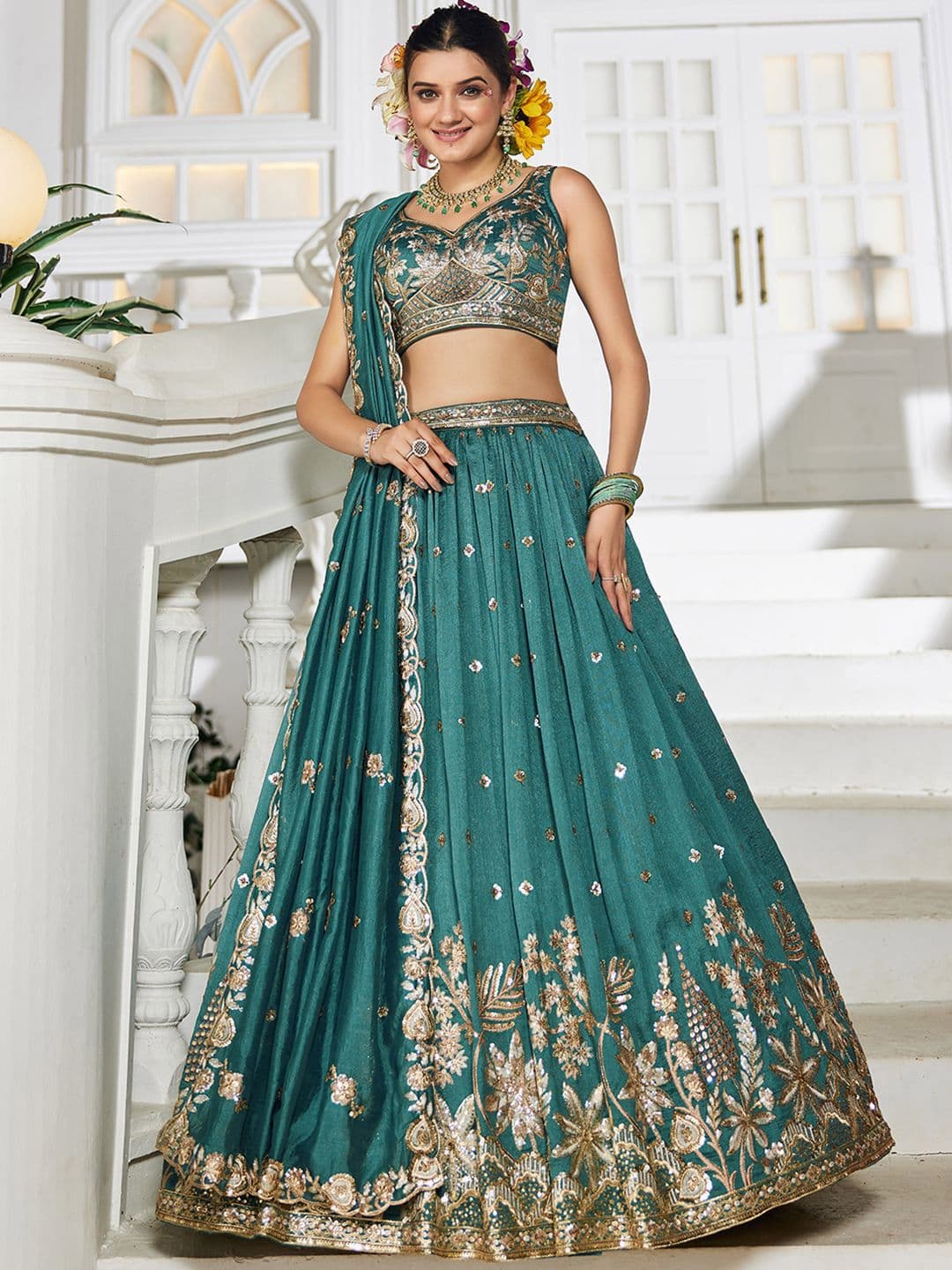 panchhi Teal Embroidered Sequinned Semi-Stitched Chiffon Lehenga & Unstitched Blouse With Dupatta - view 1