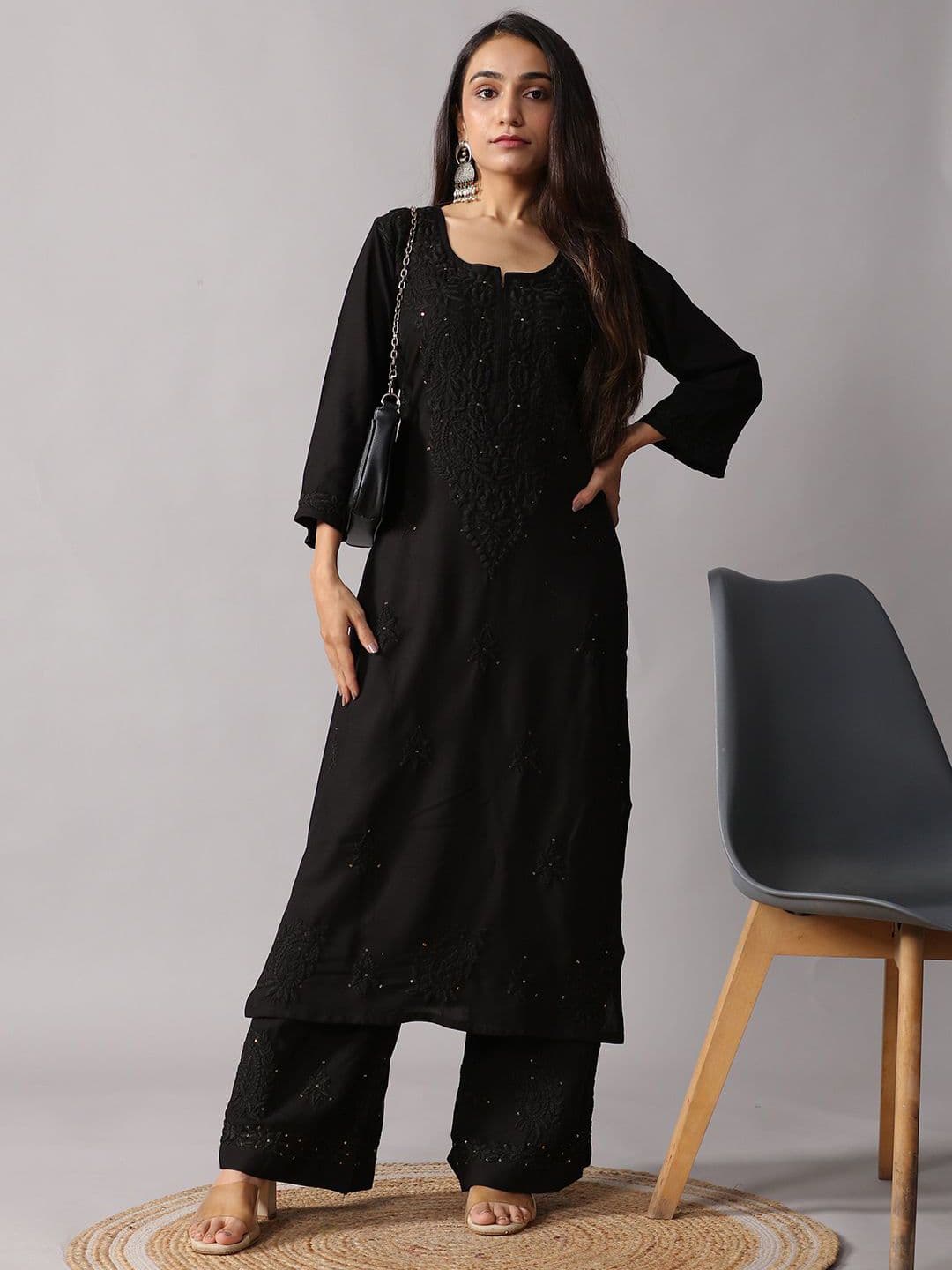 colorkosh Women Black Ethnic Motifs Embroidered Chikankari Kurta with Palazzos Round Neck Set - view 1