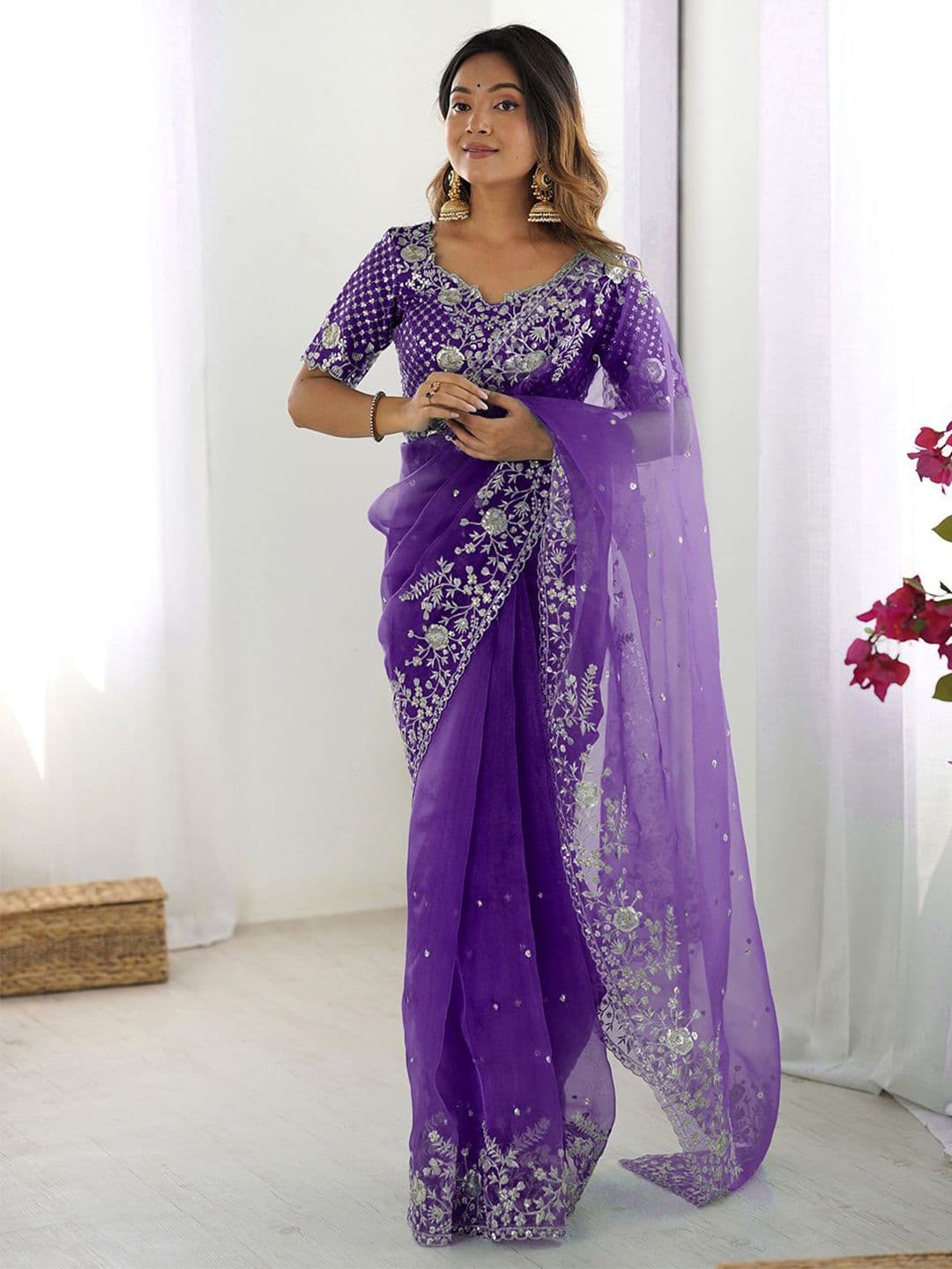 Satrani Floral Embroidered Organza Saree With Blouse Piece - view 1