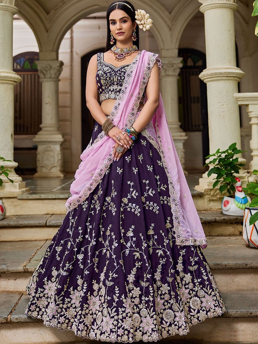panchhi Magenta Embroidered Sequinned Organza Semi-Stitched Lehenga & Blouse With Dupatta - view 1
