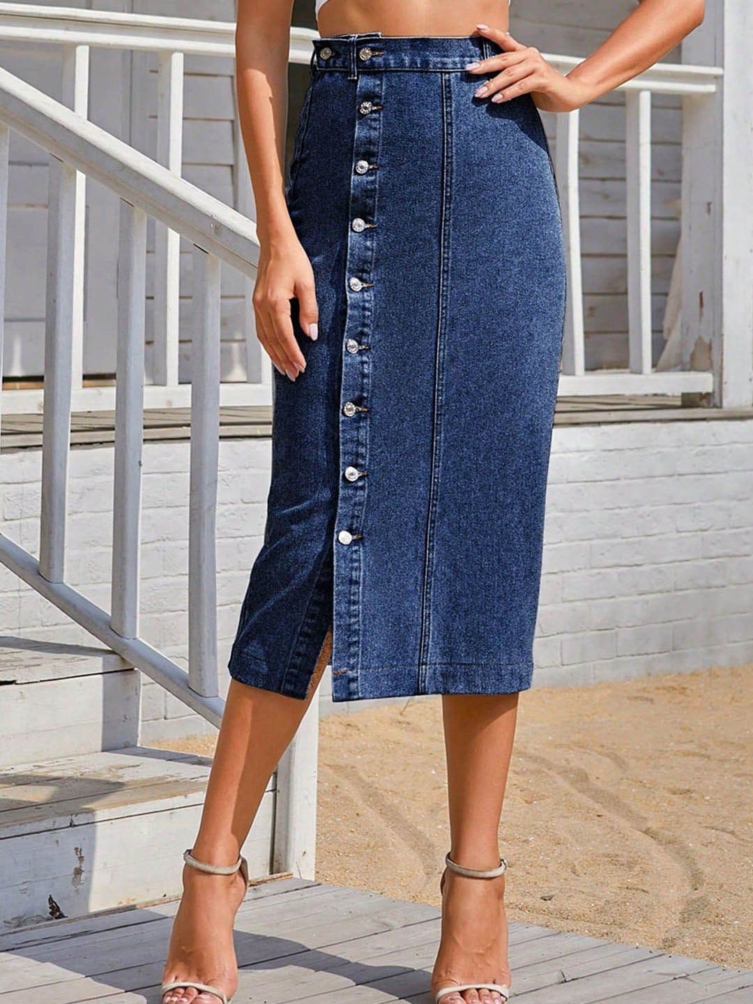 Outzidr Women Thigh High Denim Pencil Midi Skirt - view 1