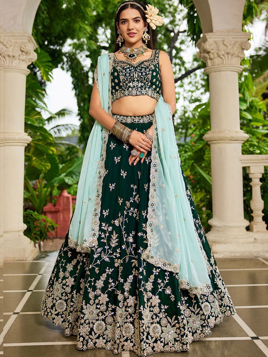 panchhi Green Embroidered Sequinned Organza Semi-Stitched Lehenga & Blouse With Dupatta - view 1