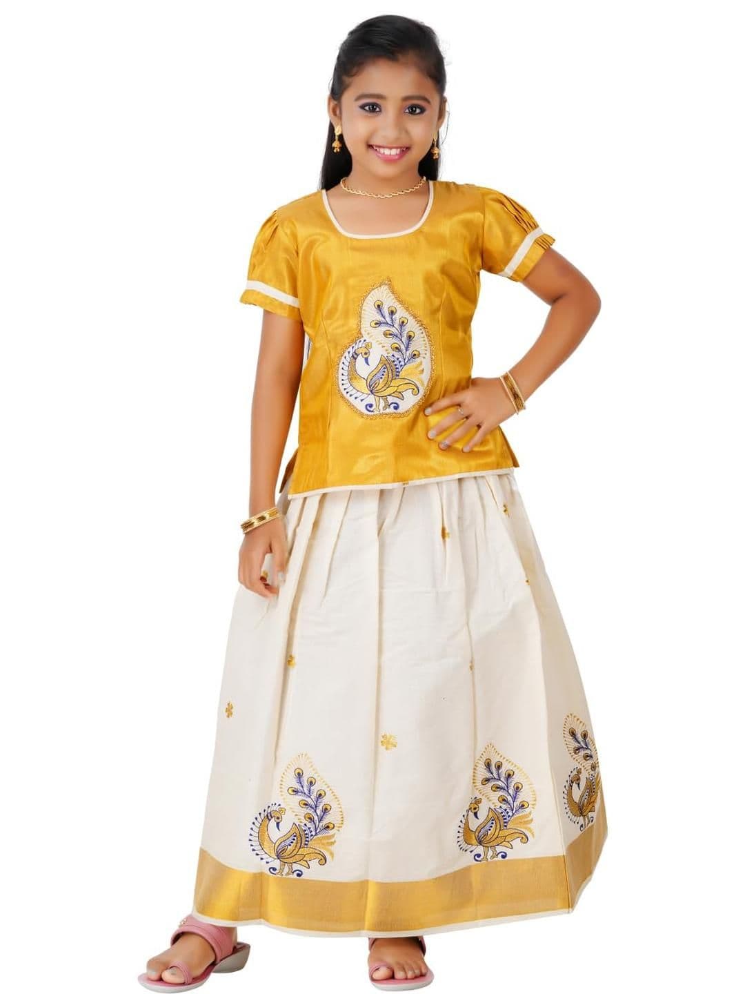 SKV ETHNIVERSE Girls Yellow & White Embroidered Skirt & Top Set - view 1