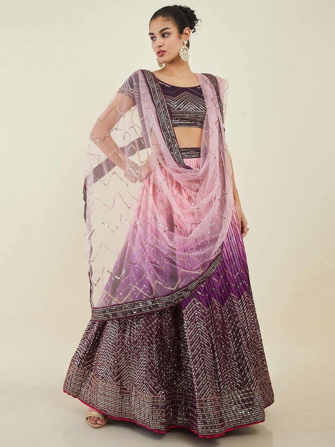 ETHNIC PLUS Sequinned Embroidered Silk Lehenga Choli With Dupatta - view 1