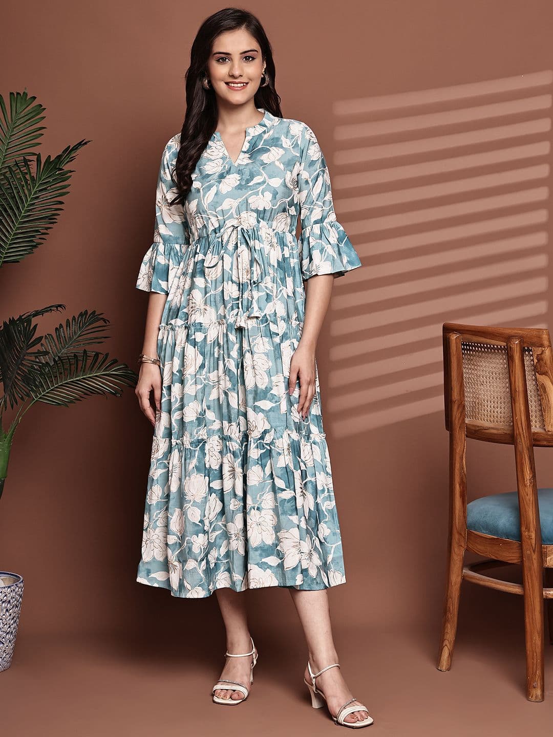 Claura Women Blue Floral Printed Gathered Bell Sleeve Fit and Flare Silk Midi Dress - view 1