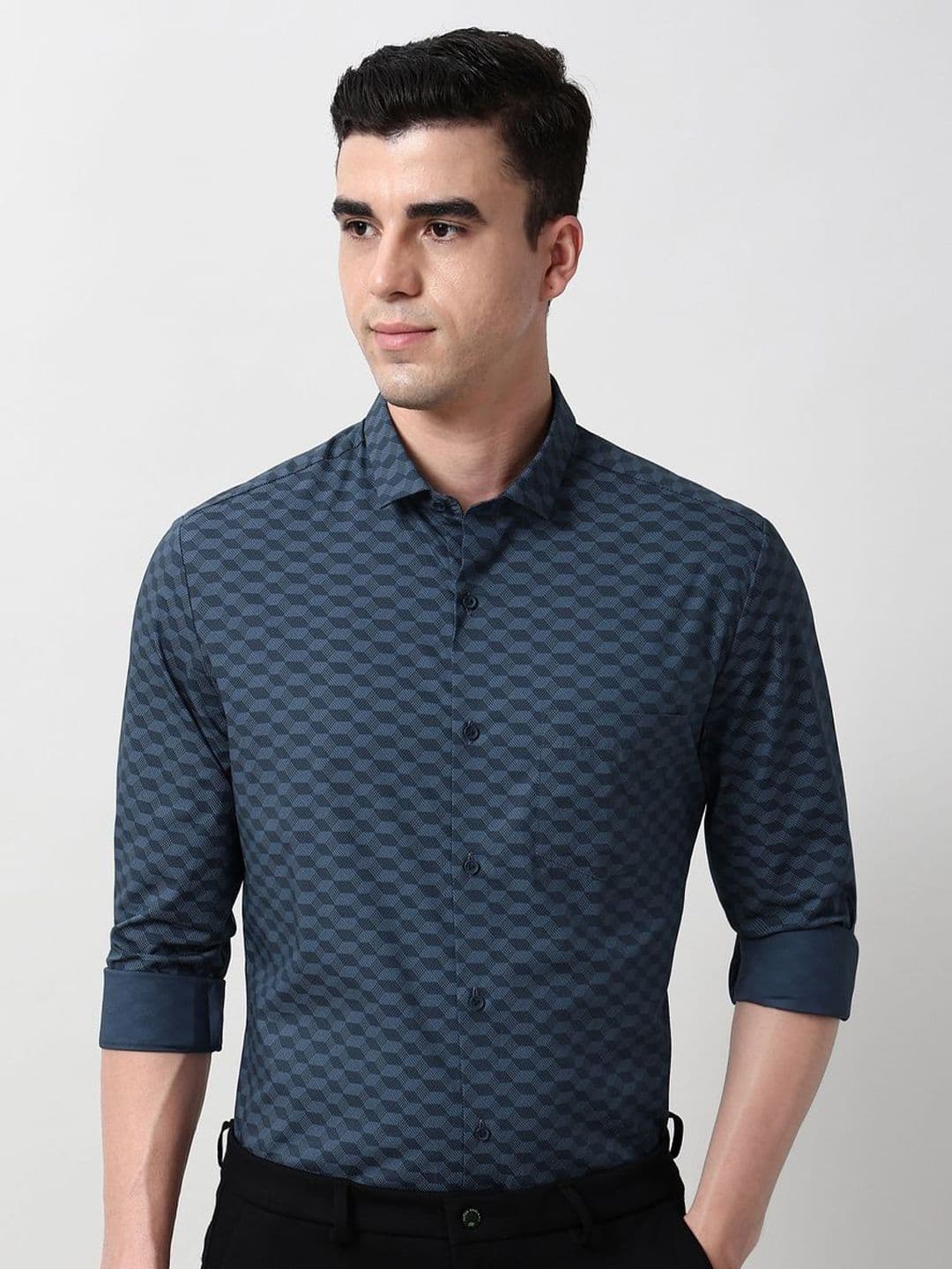 Peter England Men Slim Fit Geometric Printed Spread Collar Cotton Formal Shirt - view 1