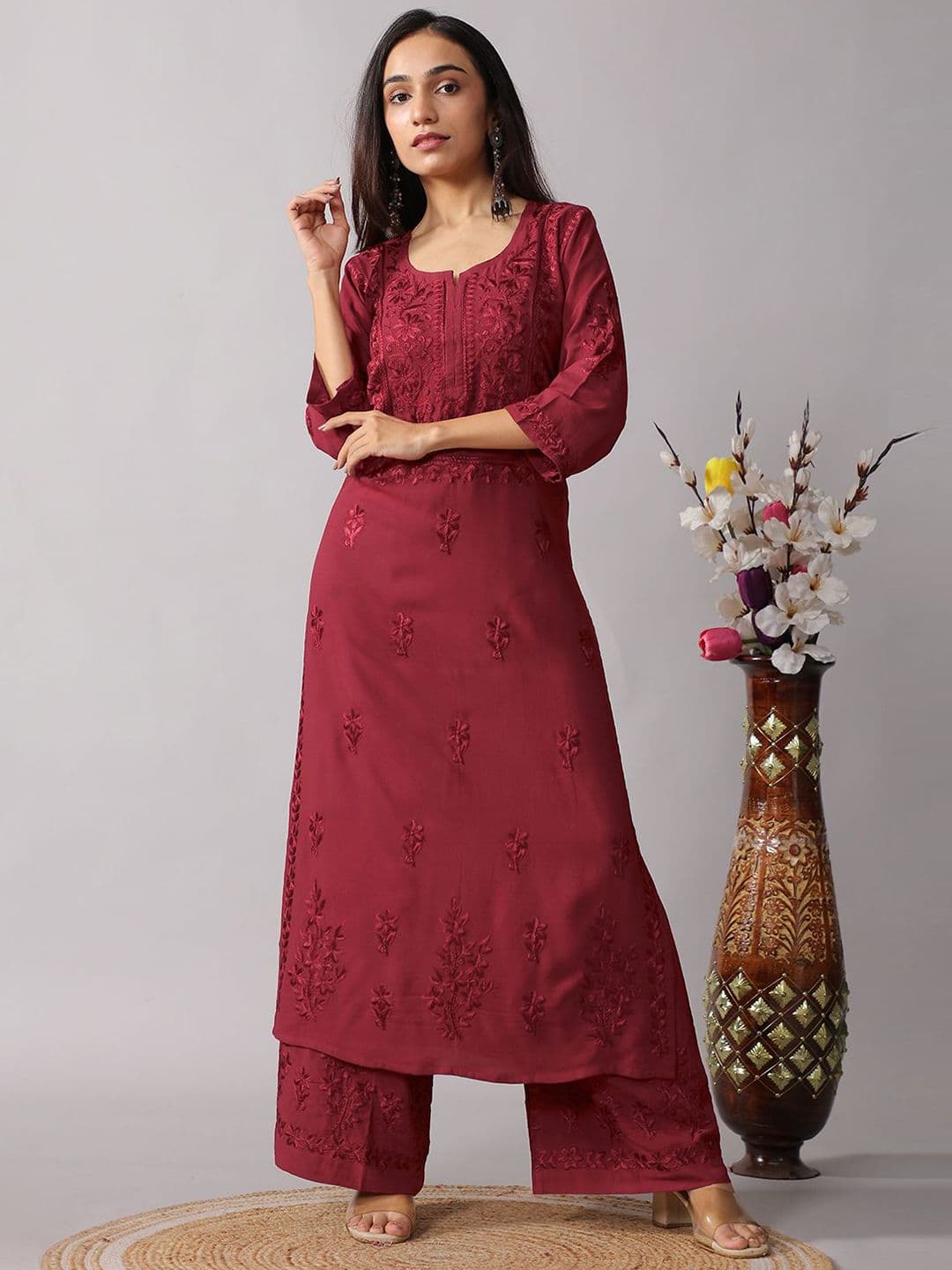 colorkosh Women Maroon Woven Design Embroidered Chikankari Kurta with Palazzos Round Neck Set - view 1