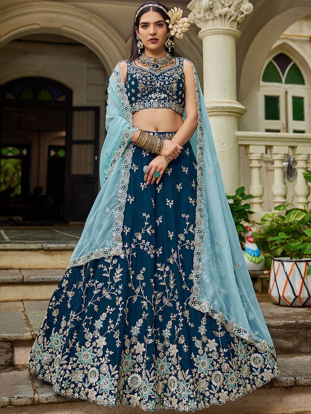 panchhi Navy Blue Embroidered Sequinned Organza Semi-Stitched Lehenga & Blouse With Dupatta - view 1