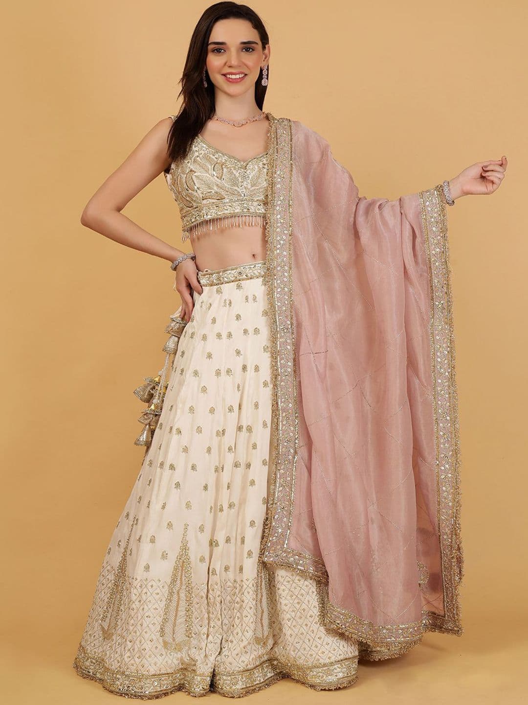 MILU MADAN Floral Embroidered Silk Beads & Stones Lehenga With Choli & Dupatta - view 1