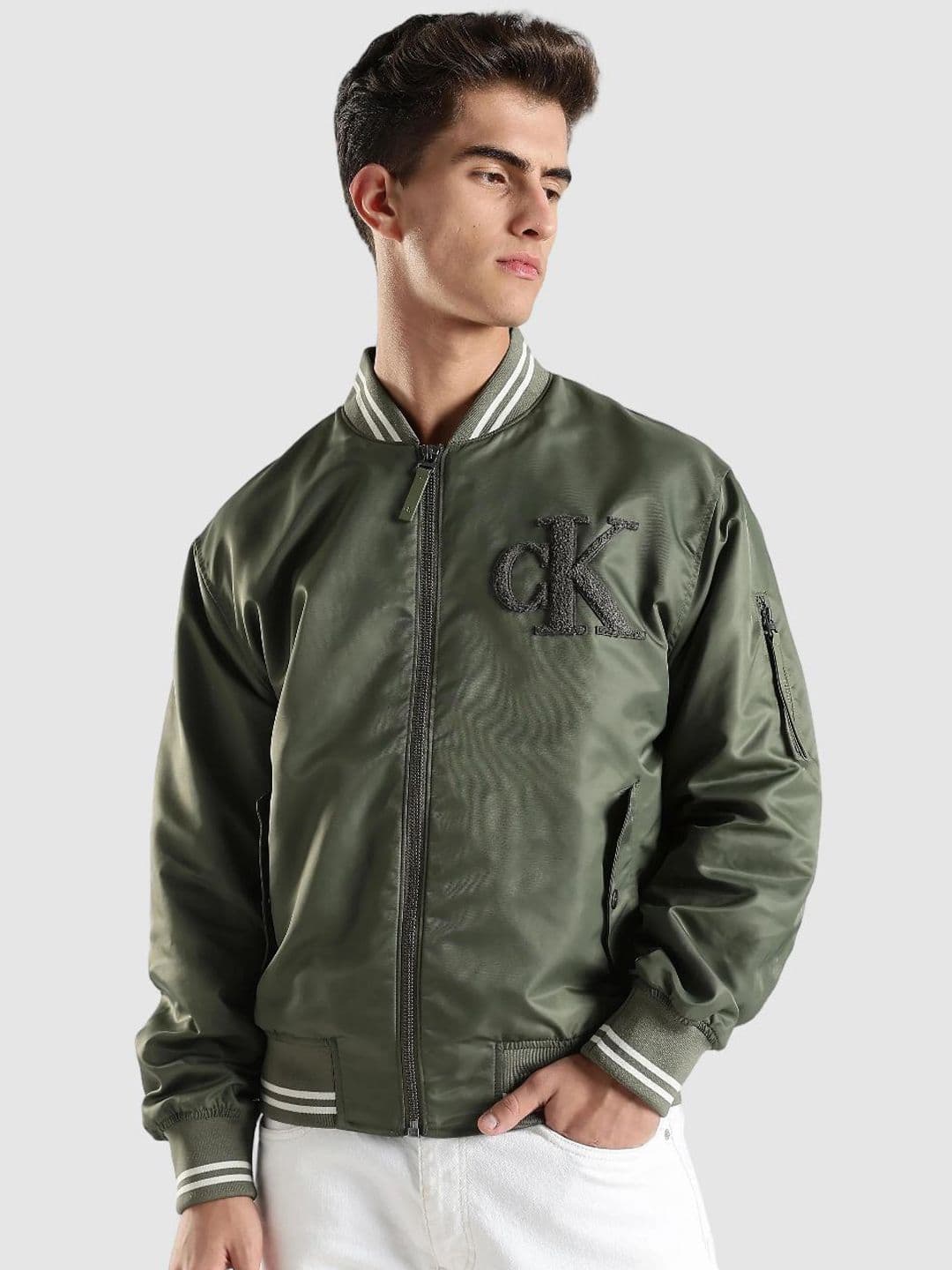 Calvin Klein Jeans Brand Logo Printed Windcheater Nylon Open Front Jacket With Patchwork - view 1