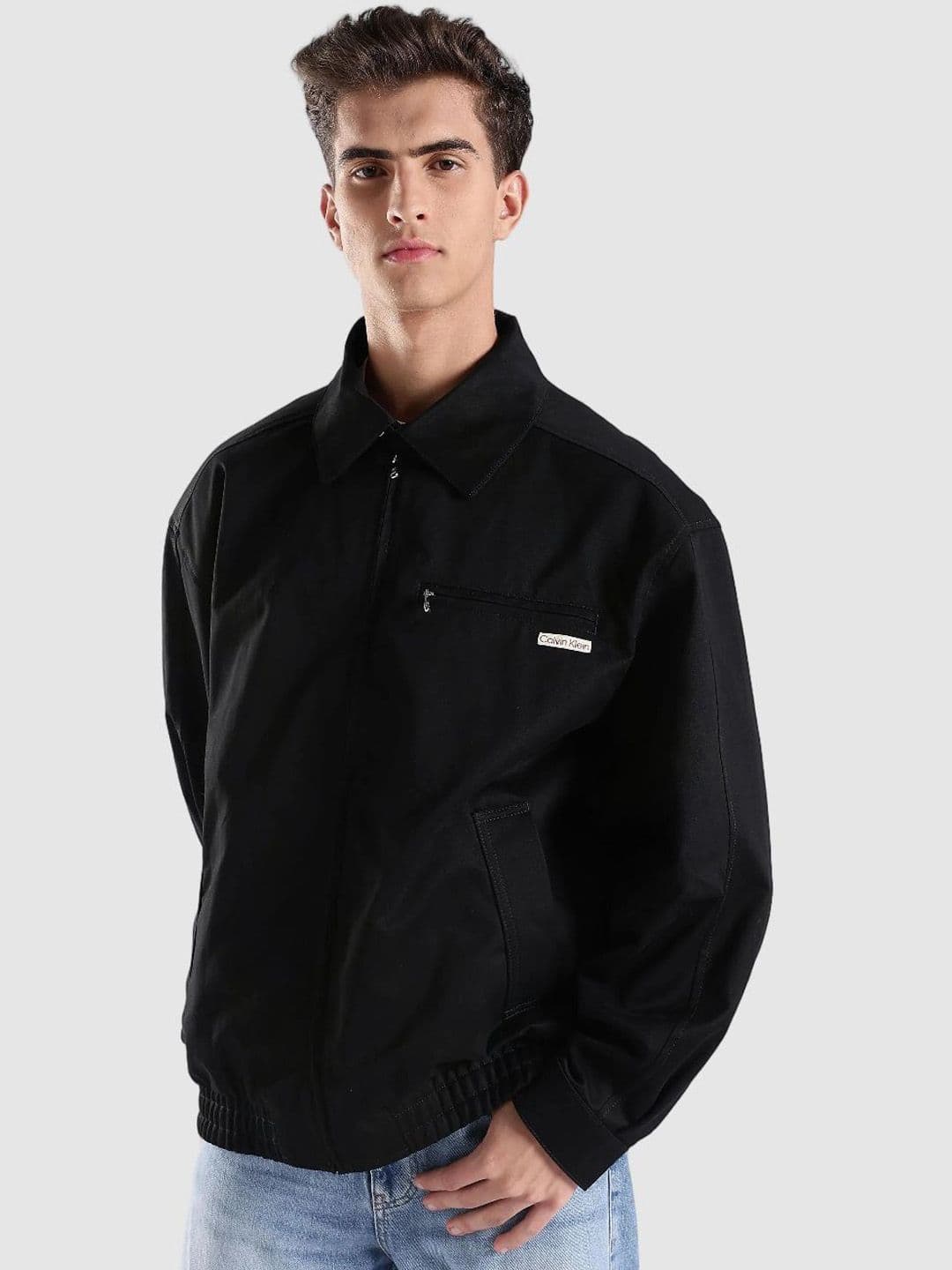 Calvin Klein Jeans Men Spread Collar Solid Windcheater Pure Cotton Bomber Jacket - view 1